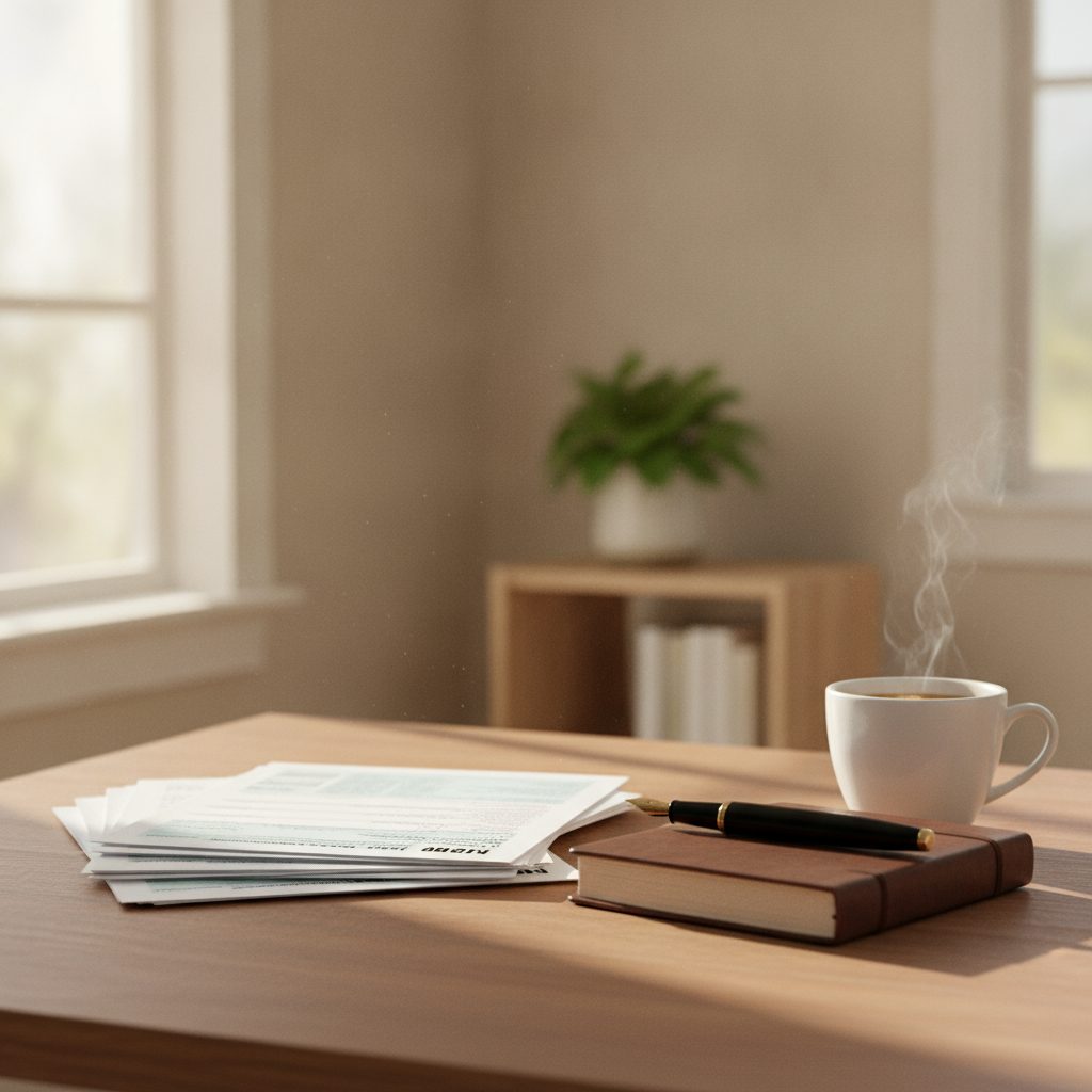 A calm desk with tax documents, a pen and a coffee cup in soft window light